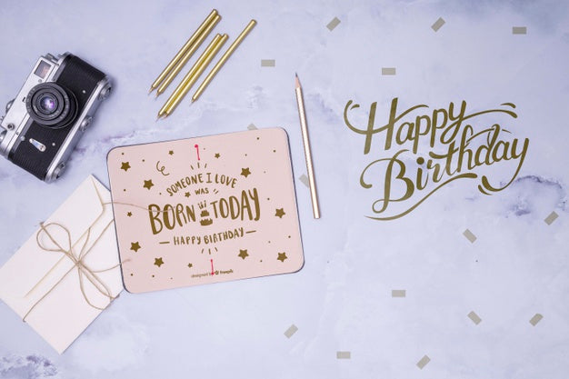 Happy Birthday Mock-Up With Retro Camera Psd