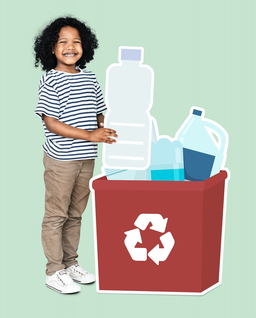 Happy Boy Collecting Plastic Bottles In A Recycling Box