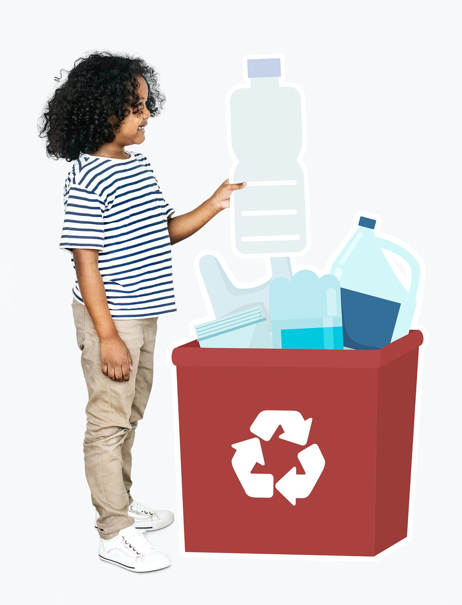 Happy Boy Collecting Plastic Bottles In A Recycling Box