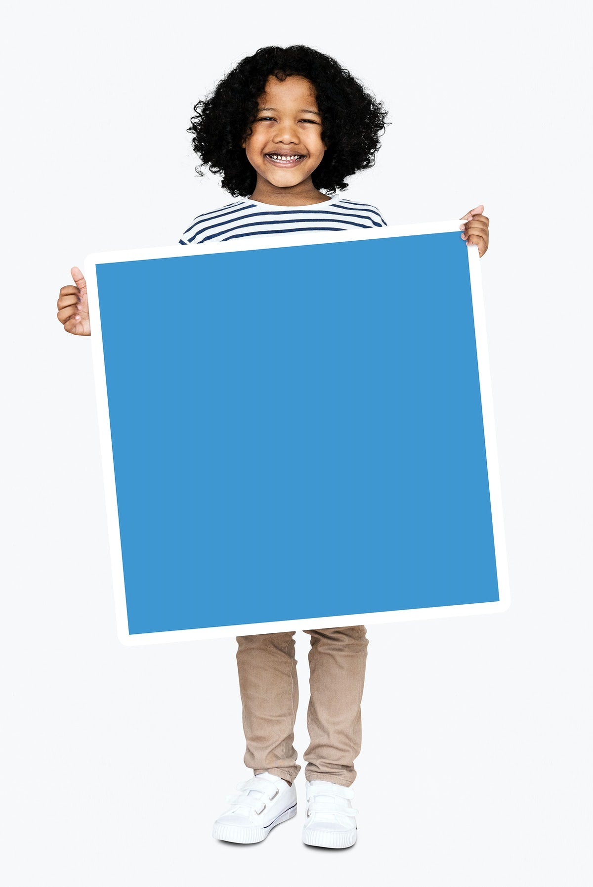 Happy Boy Holding A Blue Square Board