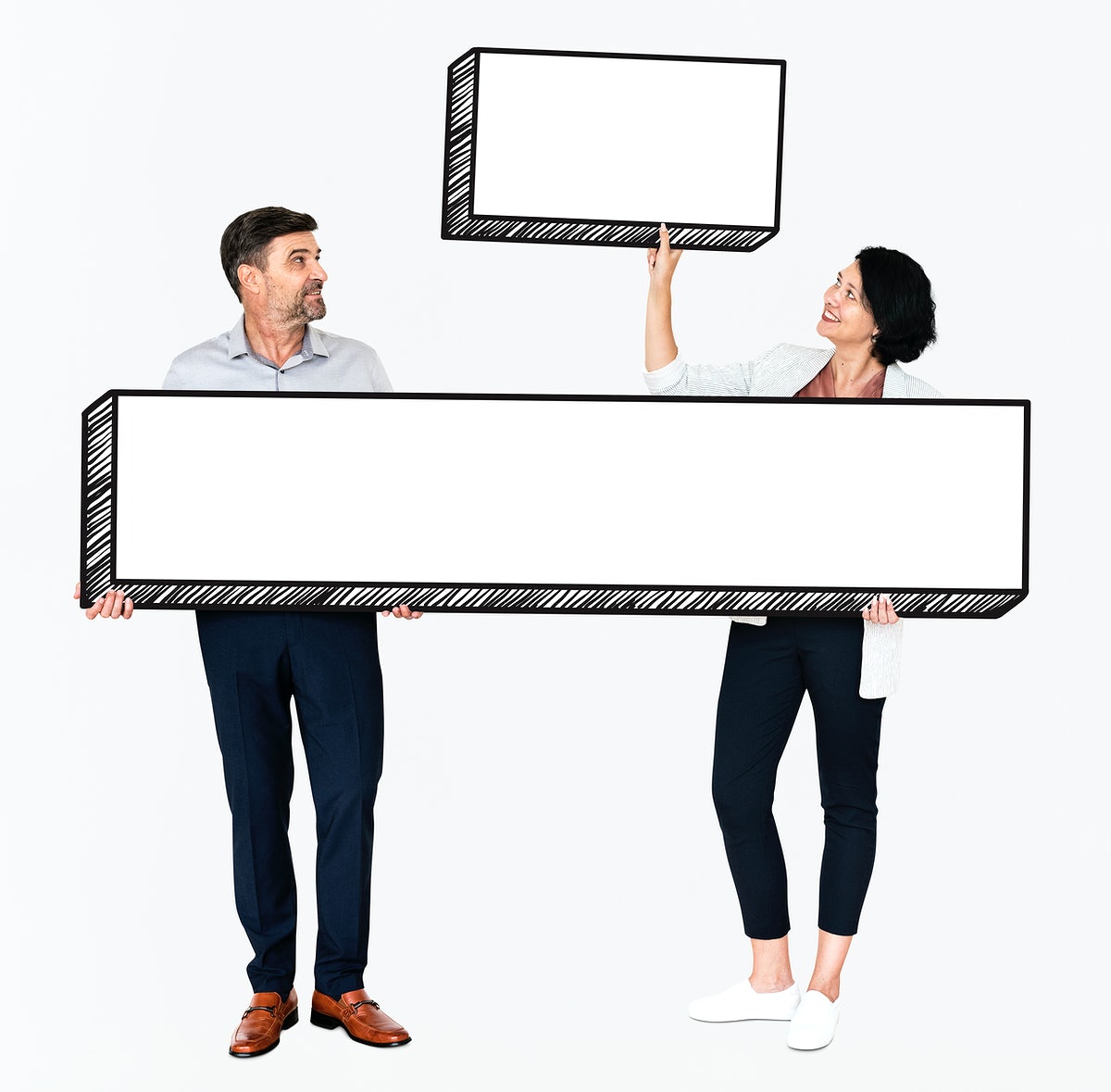 Happy Diverse People Holding Two Empty Boards