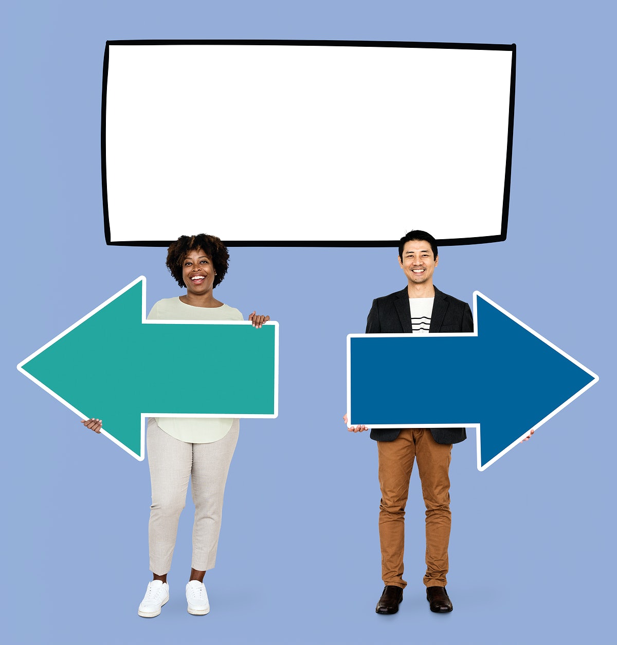 Happy Diverse People With Arrows And An Empty Board