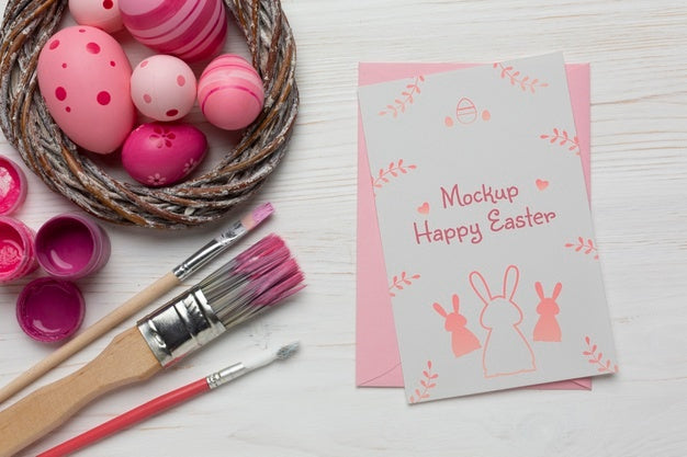 Happy Easter Card Mockup Design With Easter Eggs Psd