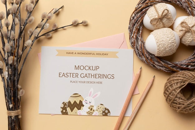 Happy Easter Card Mockup Design With Easter Eggs Psd