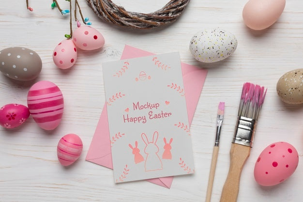 Happy Easter Card Mockup Design With Easter Eggs Psd