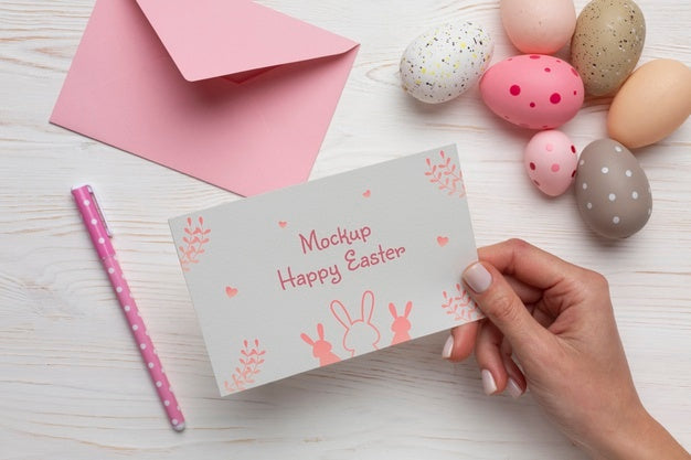 Happy Easter Card Mockup Design With Easter Eggs Psd