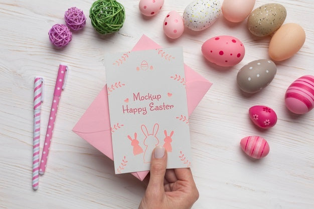 Happy Easter Card Mockup Design With Easter Eggs Psd