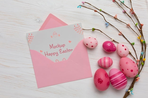 Happy Easter Card Mockup Design With Easter Eggs Psd