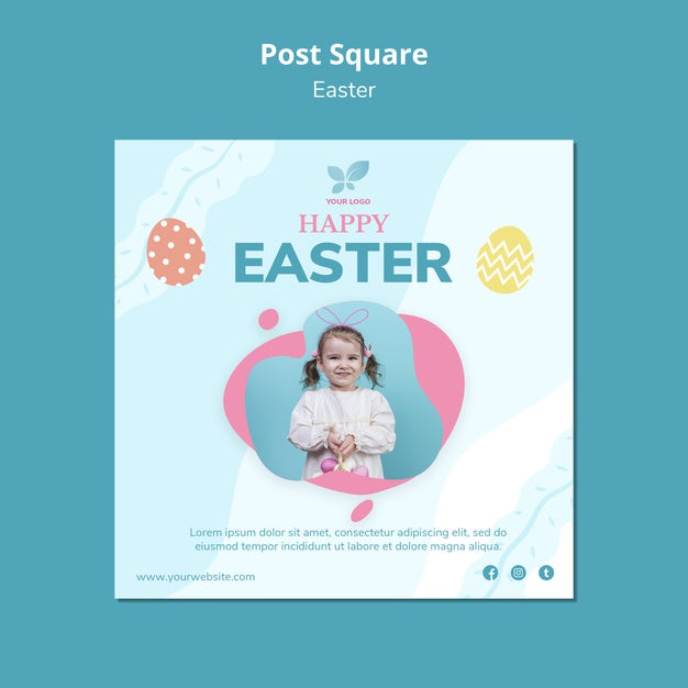 Happy Easter With Girl Square Flyer Template Psd