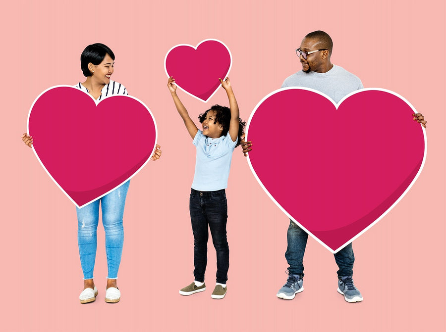 Happy Family Holding Red Heart Icons