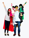 Happy Family Wearing Superhero Costumes