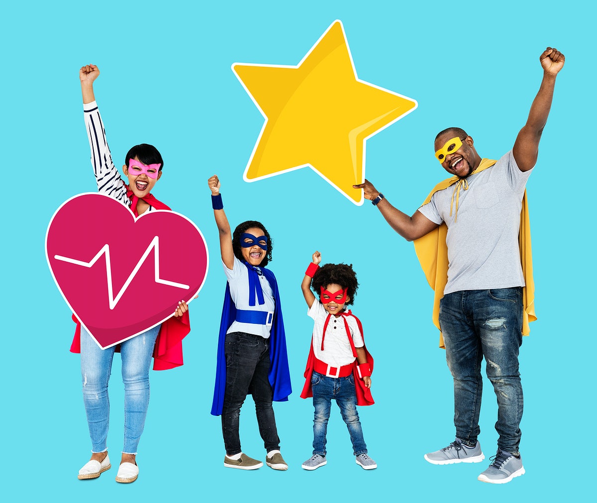 Happy Family Wearing Superhero Costumes