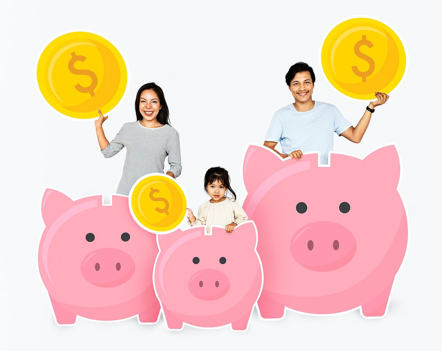 Happy Family With Savings In Piggy Banks