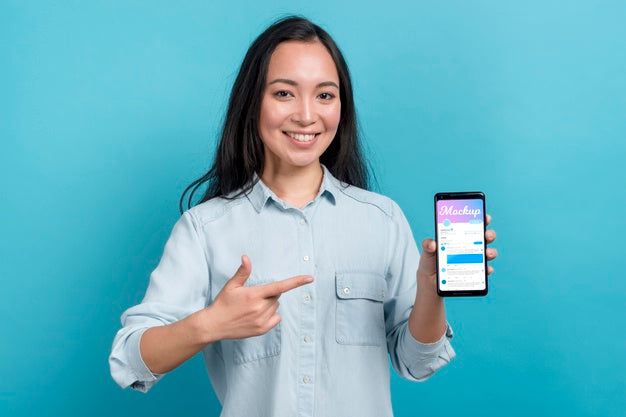 Happy Girl Holding Smartphone Psd