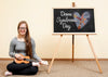 Happy Girl With Down Syndrome Playing Ukulele With Blackboard Mock-Up Psd