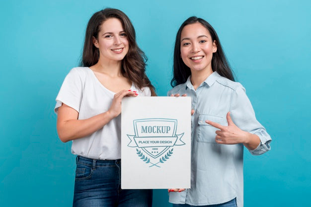 Happy Girls Holding Board Mock-Up Psd