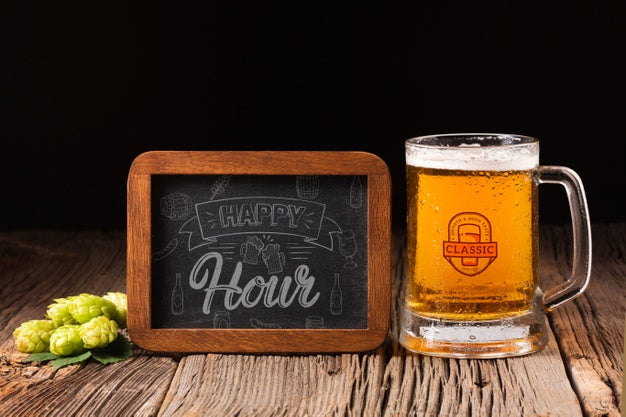 Happy Hour Sign With Beer Mug Beside Psd