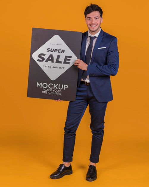 Happy Man Holding A Placard Concept Mock-Up Psd