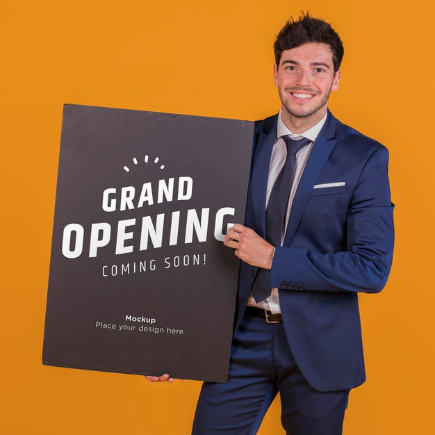 Happy Man Holding A Placard Concept Mock-Up Psd