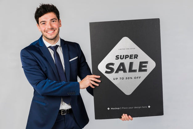 Happy Man Holding A Placard Concept Mock-Up Psd