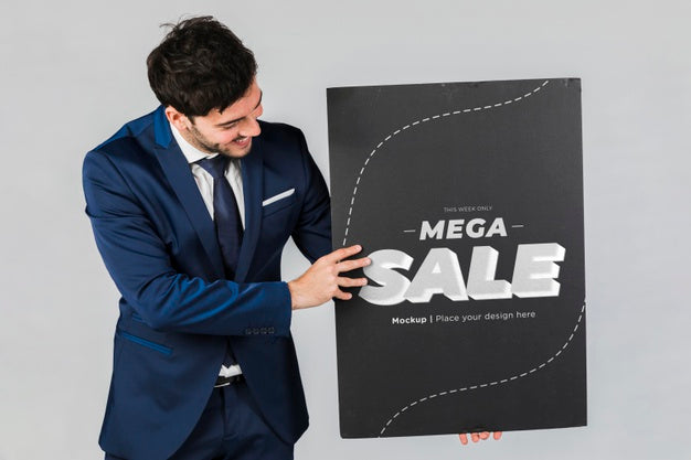 Happy Man Holding A Placard Concept Mock-Up Psd