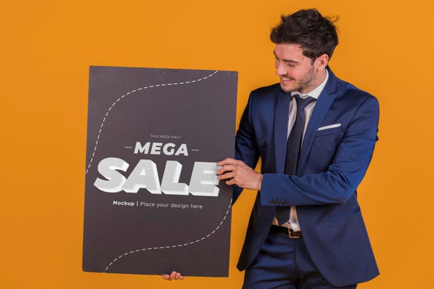 Happy Man Holding A Placard Concept Mock-Up Psd