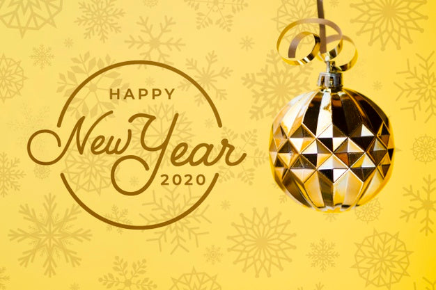 Happy New Year 2020 With Golden Christmas Ball On Yellow Background Psd