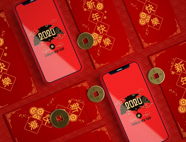 Happy New Year Illustration With Phones Mock-Up Psd