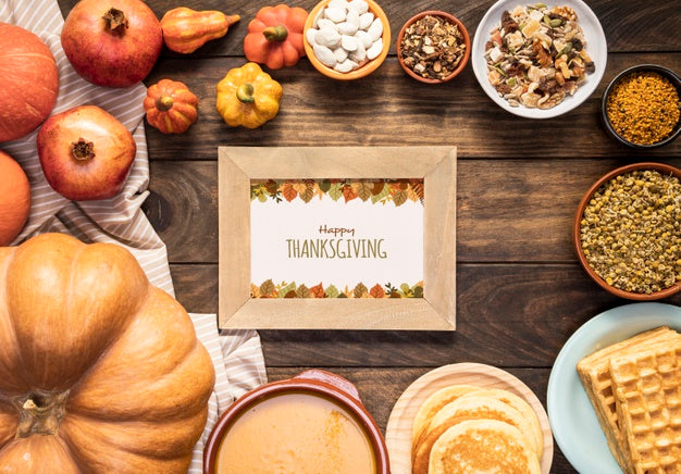 Happy Thanksgiving Day Mock-Up Surrounded By Delicious Food Psd