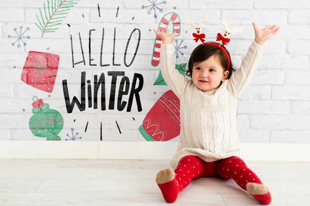 Happy Toddler With Reindeer Headband Psd