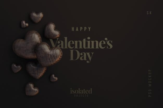 Happy Valentines Day Background Mockup With Wooden Decorative Love Hearts Top View Psd