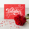 Happy Valentines Day Lettering On Red Card With Red Rose Psd