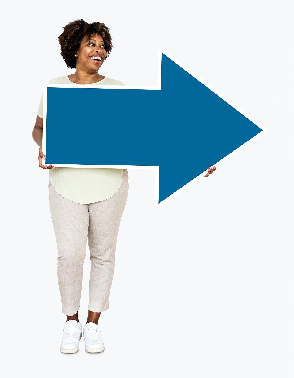 Happy Woman Holding A Blue Arrow