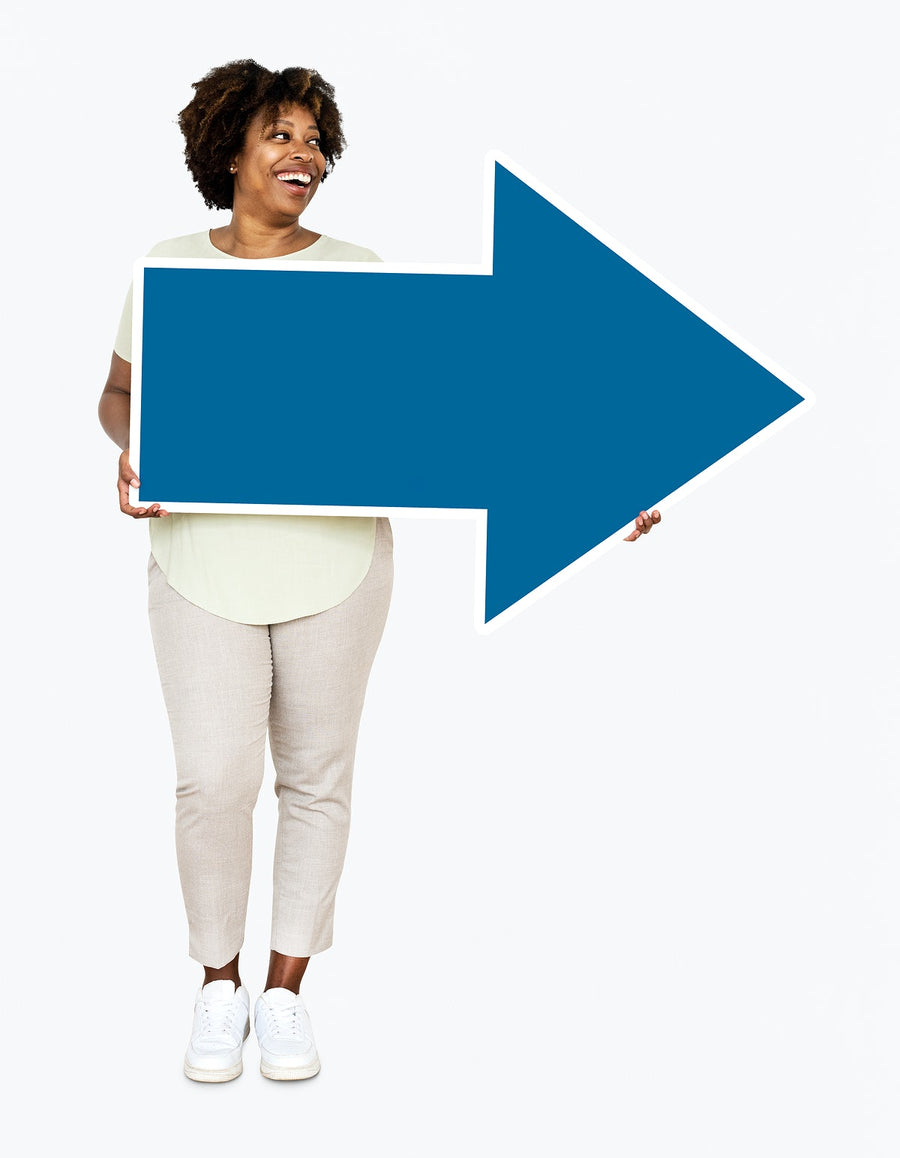 Happy Woman Holding A Blue Arrow