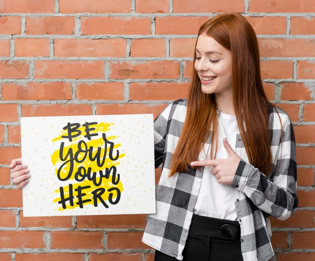 Happy Woman Pointing At Mock-Up Psd