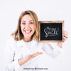 Happy Woman Presenting Slate Psd