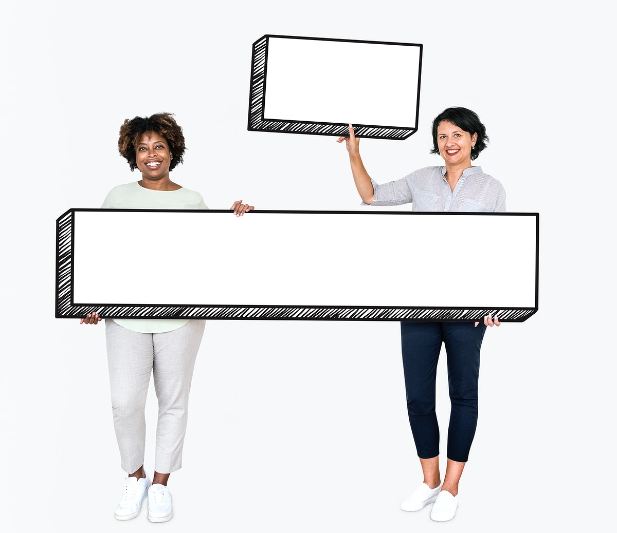 Happy Women Holding Two Empty Boards