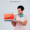 Happy Young Guy With Laptop'S Template Psd
