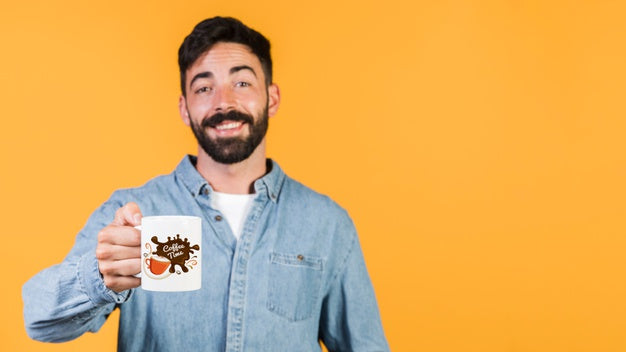 Happy Young Man Holding A Cup Mock Up Psd