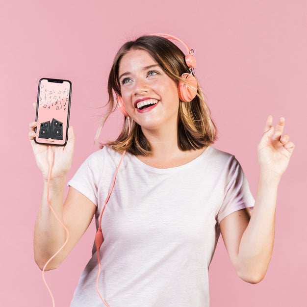 Happy Young Woman With Headphones And Cellphone Mock-Up Psd