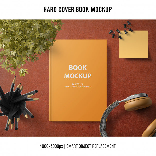 Hard Cover Book Mockup With Headphones Psd