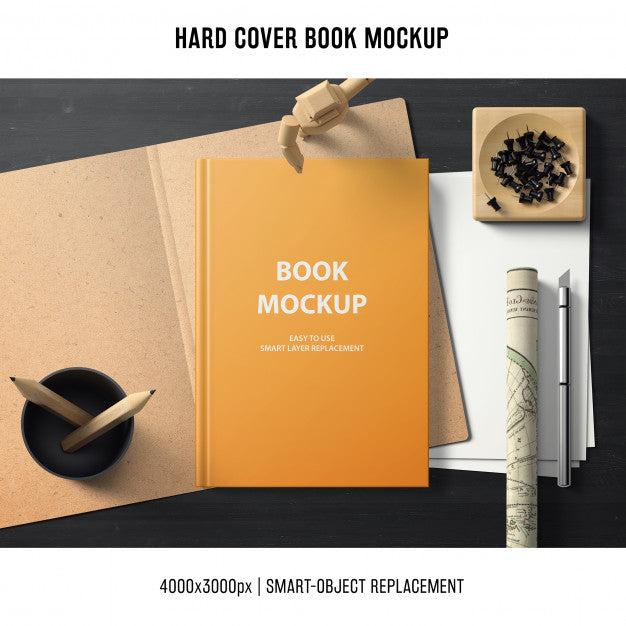 Hard Cover Book Mockup With Office Concept Psd