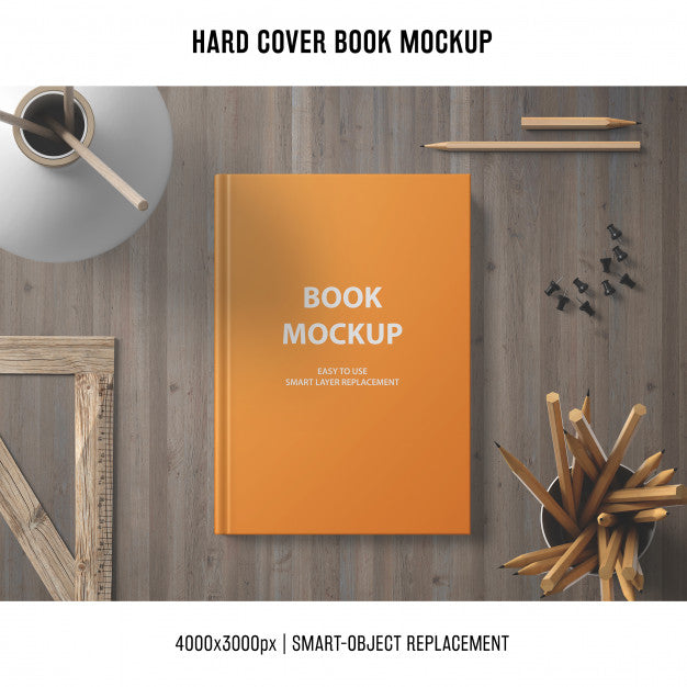 Hard Cover Book Mockup With Wooden Elements Psd