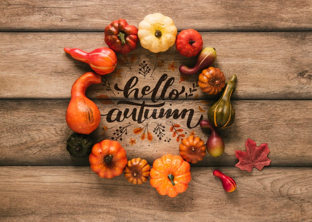 Hello Autumn Mock-Up Surrounded By Natural Decor Psd