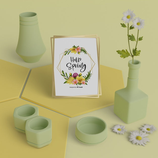 Hello Spring Card With 3D Vases Concept Psd
