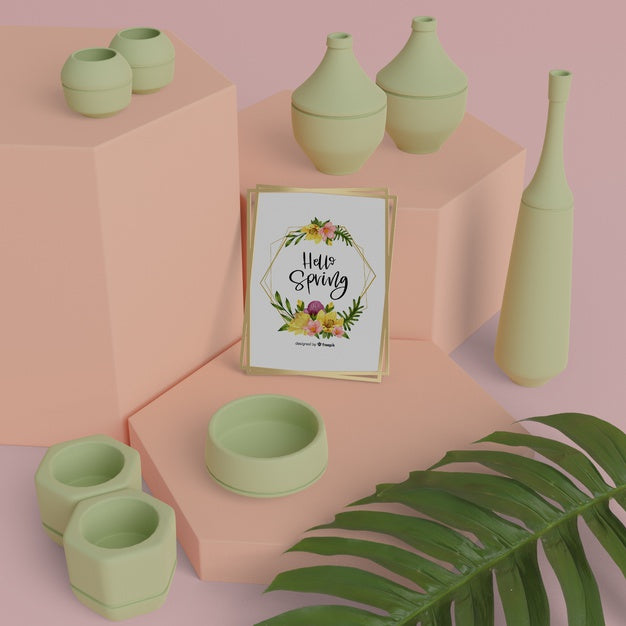 Hello Spring Card With 3D Vases On Table Psd