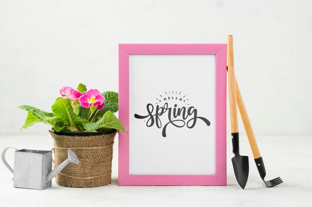 Hello Spring Mockup With Flowers Psd