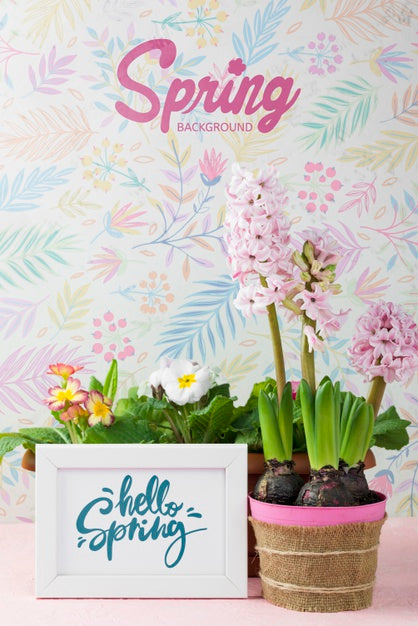 Hello Spring Mockup With Flowers Psd