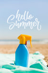 Hello Summer Bottle At The Beach Mockup Psd
