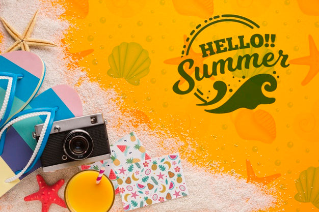 Hello Summer Concept With Flip Flops And Camera Psd